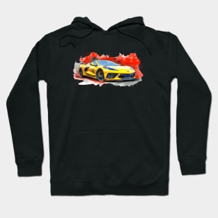 Accelerate Yellow C8 Corvette Tech Drawing Style Red Background Supercar Sportscar Racecar Muscle Car Corvette C8 Hoodie